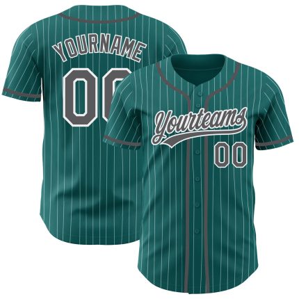 Custom Name and Number Baseball Jersey - Personalized Teal White Pinstripe Steel Gray Design Personalized Teal White Pinstripe