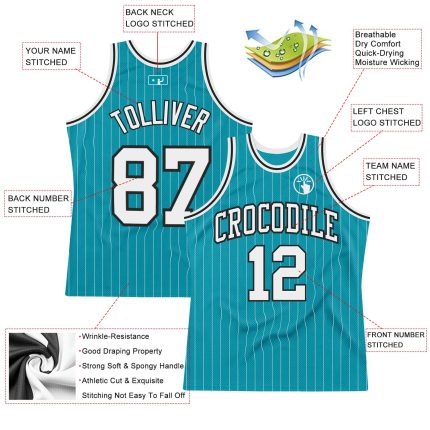 Custom Team Basketball Jersey with Personalized Name & Number - Teal White Pinstripe Authentic Design Personalized Teal White