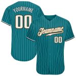 Custom Team Name Number Authentic Baseball Jersey Teal White Pinstripe Old Gold Personalized Design Personalized Teal White