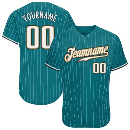 Custom Team Name Number Authentic Baseball Jersey Teal White Pinstripe Old Gold Personalized Design Personalized Teal White