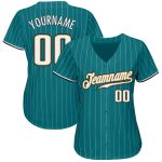 Custom Team Name Number Authentic Baseball Jersey Teal White Pinstripe Old Gold Personalized Design Personalized Teal White