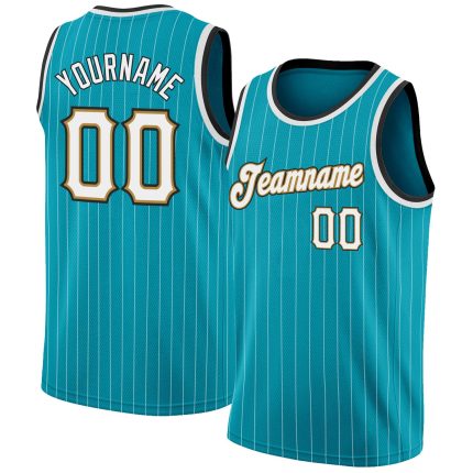 Customizable Teal and White Pinstripe Basketball Jersey with Name & Number - Authentic Team Apparel Personalized Teal White