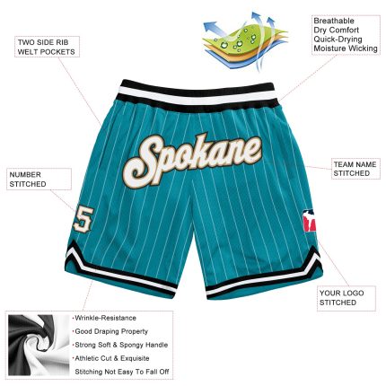 Custom Basketball Shorts with Personalized Name and Number - Teal White Pinstripe Old Gold Authentic Design Personalized