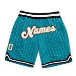 Custom Basketball Shorts with Personalized Name and Number - Teal White Pinstripe Old Gold Authentic Design Personalized