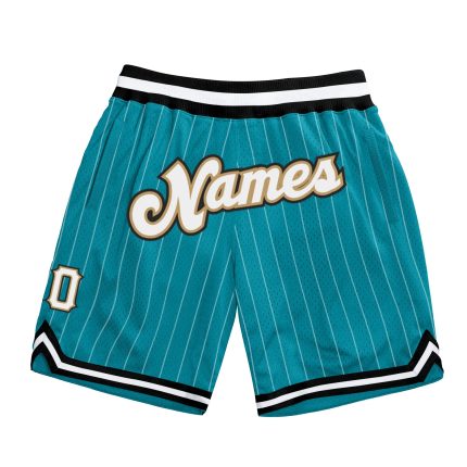Custom Basketball Shorts with Personalized Name and Number - Teal White Pinstripe Old Gold Authentic Design Personalized