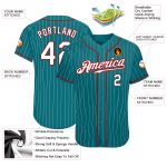 Custom Name and Number Baseball Jersey - Personalized Teal White Red Pinstripe Authentic Team Apparel Personalized Teal White