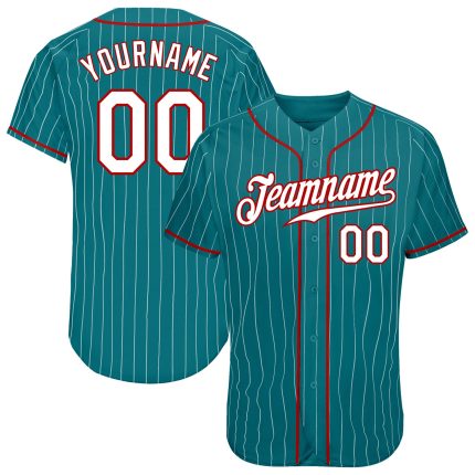 Custom Name and Number Baseball Jersey - Personalized Teal White Red Pinstripe Authentic Team Apparel Personalized Teal White