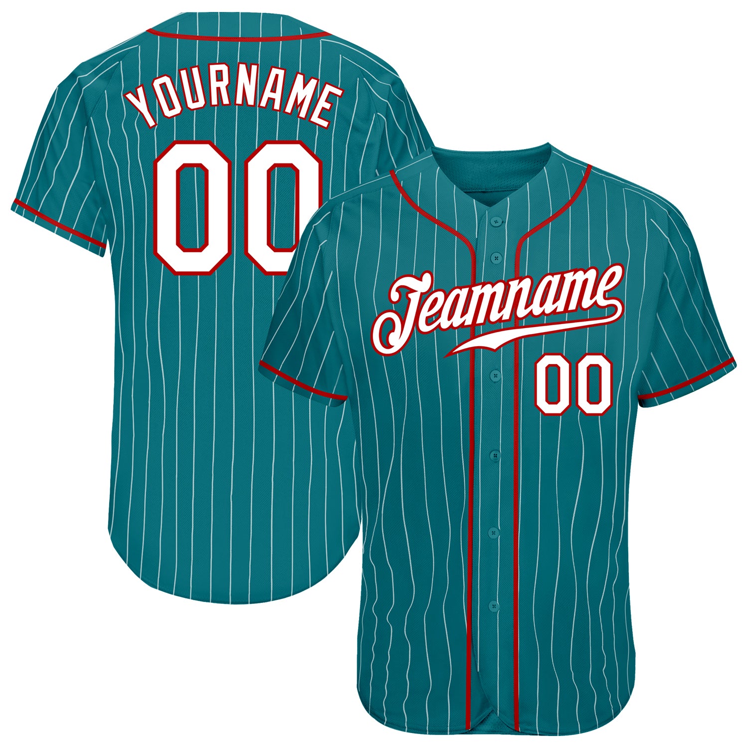 Custom Name and Number Baseball Jersey - Personalized Teal White Red Pinstripe Authentic Team Apparel Personalized Teal White