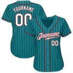 Custom Name and Number Baseball Jersey - Personalized Teal White Red Pinstripe Authentic Team Apparel Personalized Teal White