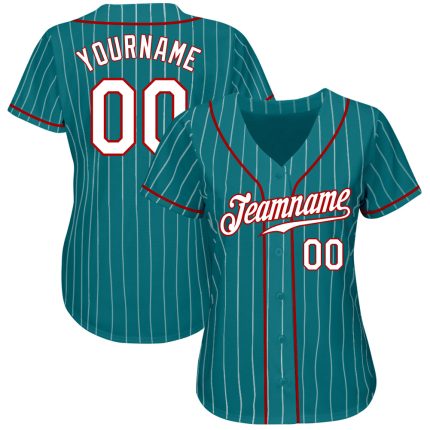 Custom Name and Number Baseball Jersey - Personalized Teal White Red Pinstripe Authentic Team Apparel Personalized Teal White