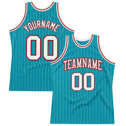 Personalized Authentic Basketball Jersey - Teal White Red Pinstripe Design Personalized Teal White Pinstripe White-Red Authentic