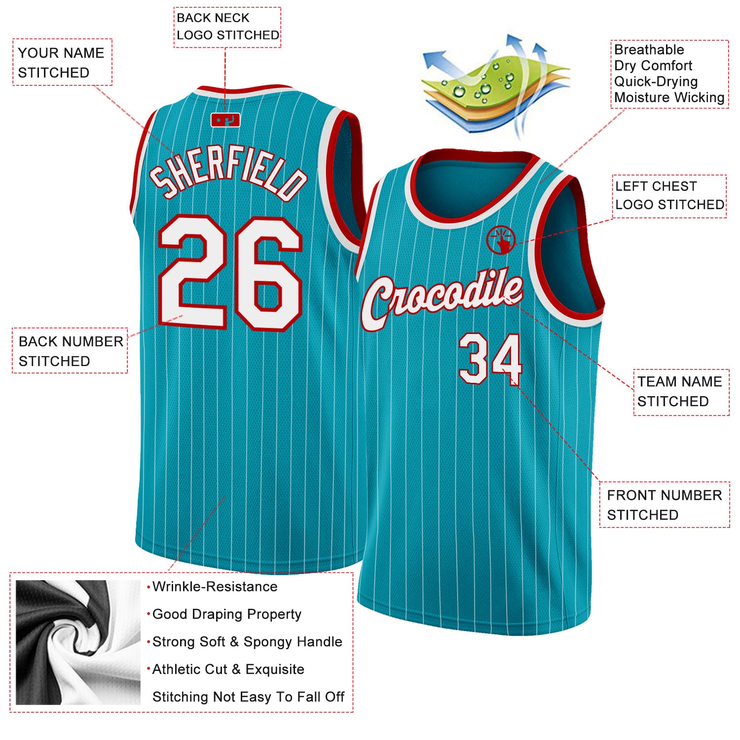 Personalized Teal White Pinstripe White-Red Authentic Basketball Jersey Team Custom Name and Number Custom Teal White Pinstripe Basketball Jersey with Personal Name & Number - Authentic Team Gear Personalized Teal White Pinstripe - Image 2