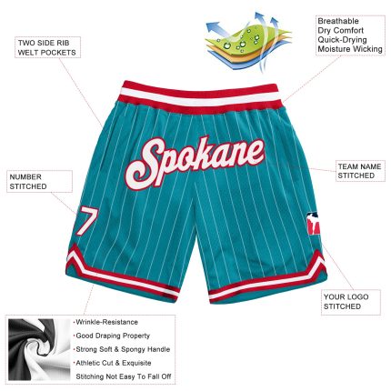 Custom Name Number Authentic Basketball Shorts Teal White Pinstripe Personalized Team Gear Personalized Teal White Pinstripe