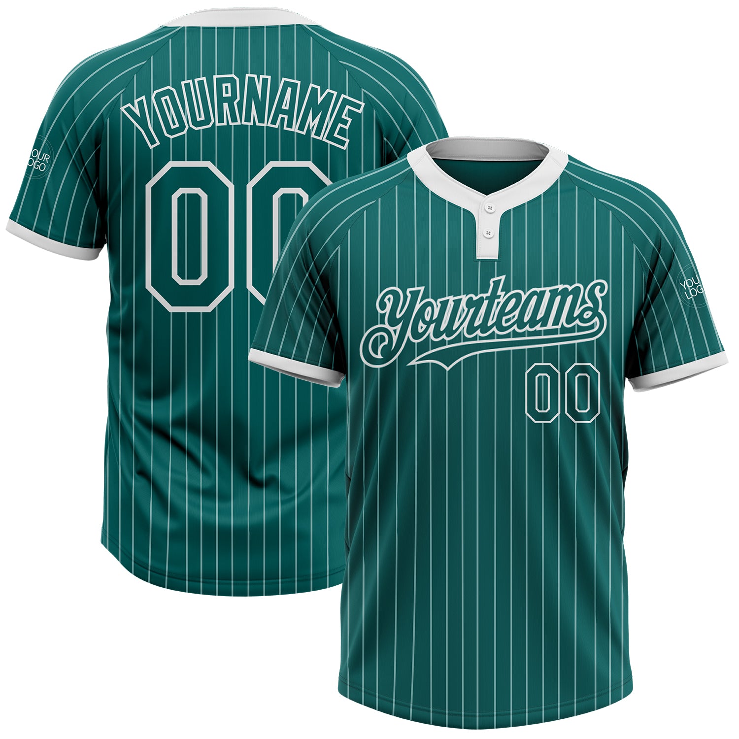 Custom Name and Number Unisex Softball Jersey - Personalized Teal and White Two-Button Pinstripe Design Personalized Teal