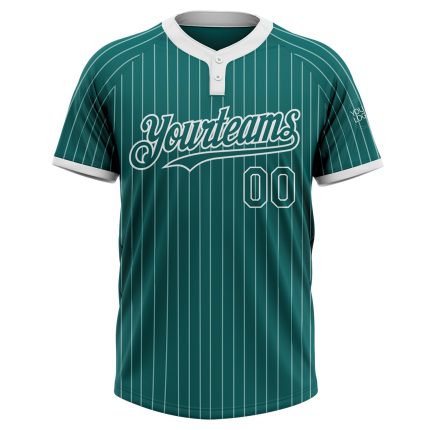 Custom Name and Number Unisex Softball Jersey - Personalized Teal and White Two-Button Pinstripe Design Personalized Teal