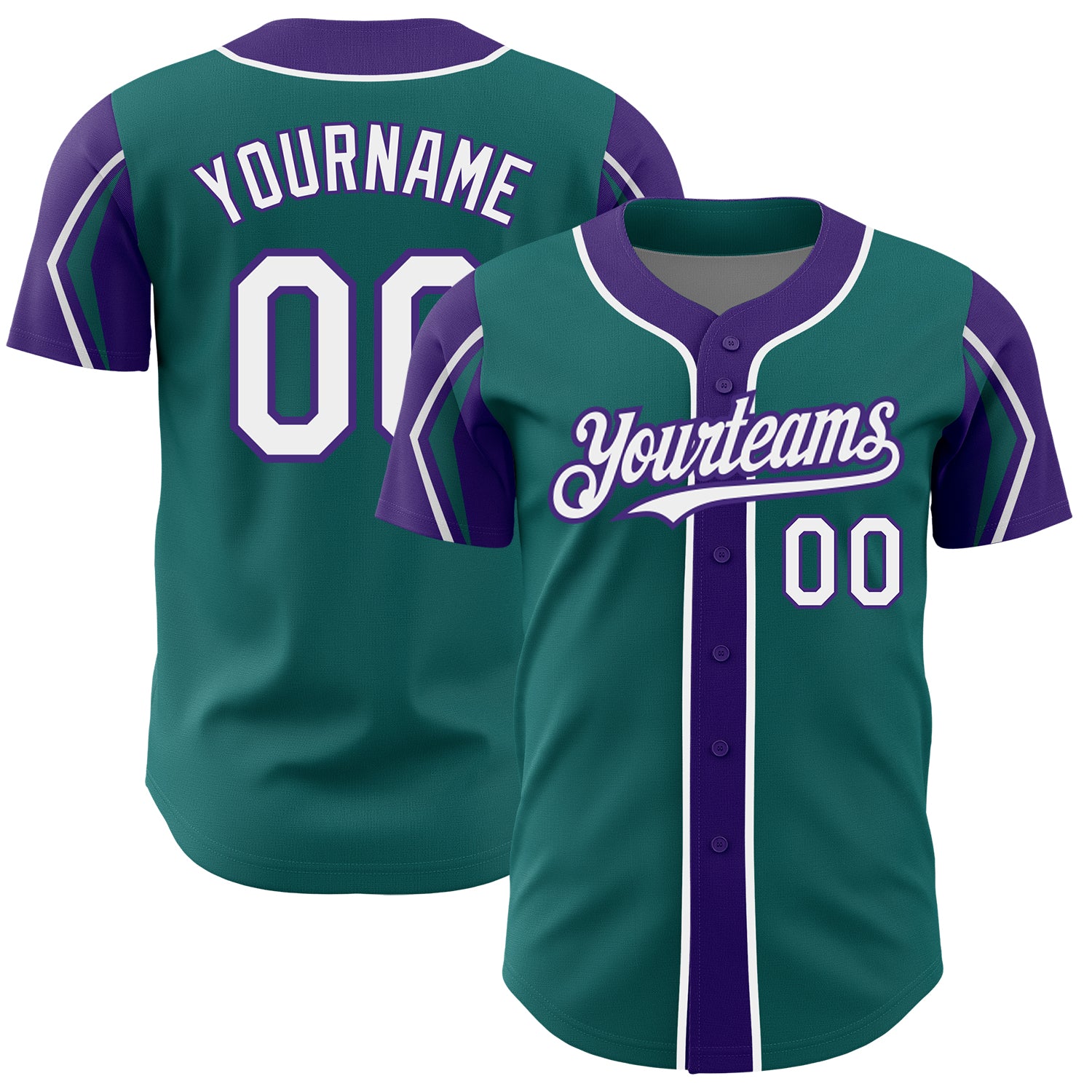 Custom Baseball Jersey with Personalized Name and Number - Teal, White, Purple Arm Shapes Personalized Teal White-Purple
