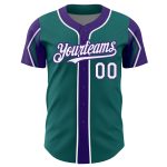 Custom Baseball Jersey with Personalized Name and Number - Teal, White, Purple Arm Shapes Personalized Teal White-Purple