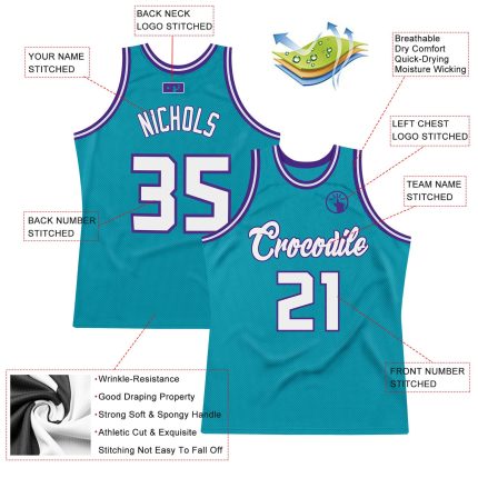 Custom Name Number Authentic Basketball Jersey Teal White Purple Throwback Design Personalized Teal White-Purple Authentic