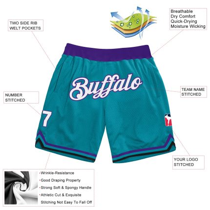 Custom Personalized Basketball Shorts with Name and Number - Teal White Purple Authentic Throwback Design Personalized Teal