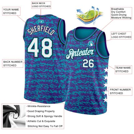 Custom Personalized Basketball Jersey with Name and Number in Teal, White, Purple, and Black - Authentic City Edition Personalized