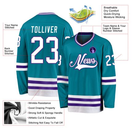 Custom Personalized Hockey Jersey in Teal, White, and Purple Colors Personalized Teal White-Purple Hockey Jersey