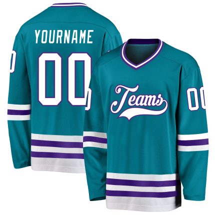 Custom Personalized Hockey Jersey in Teal, White, and Purple Colors Personalized Teal White-Purple Hockey Jersey