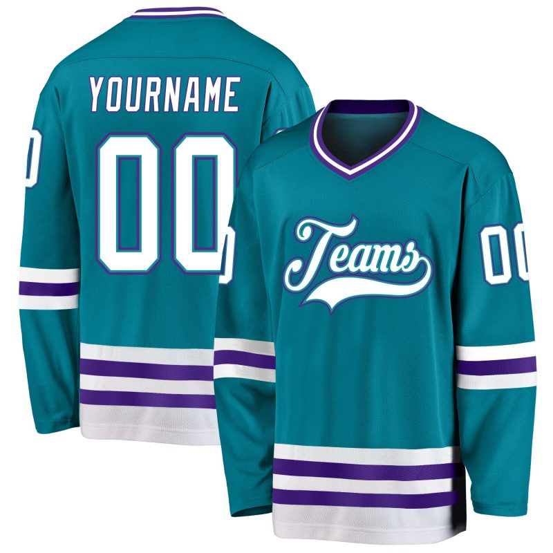 Custom Teal White Purple Hockey Jersey with Personalized Name & Number Personalized Teal White-Purple Hockey Jersey Team