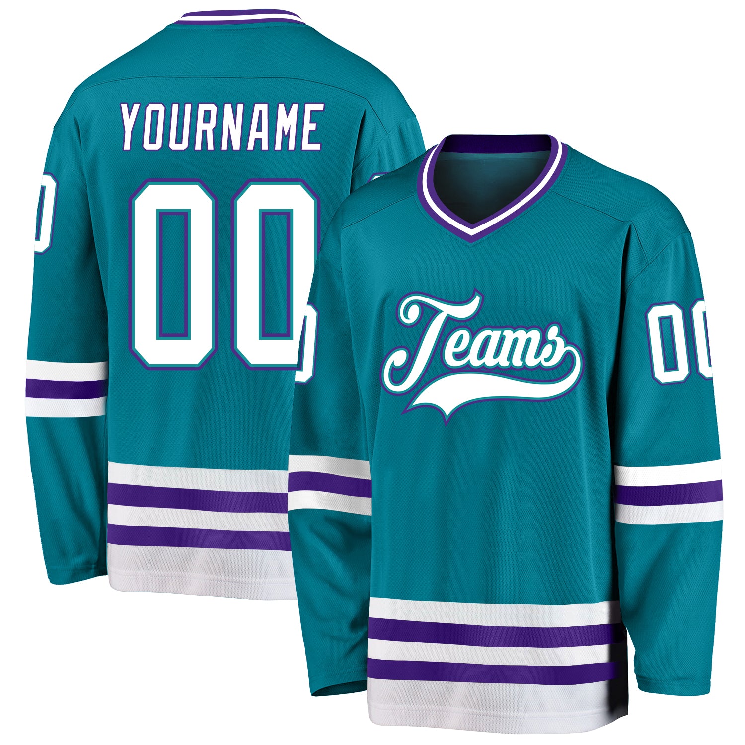 Custom Teal White Purple Hockey Jersey with Personalized Name & Number Personalized Teal White-Purple Hockey Jersey Team