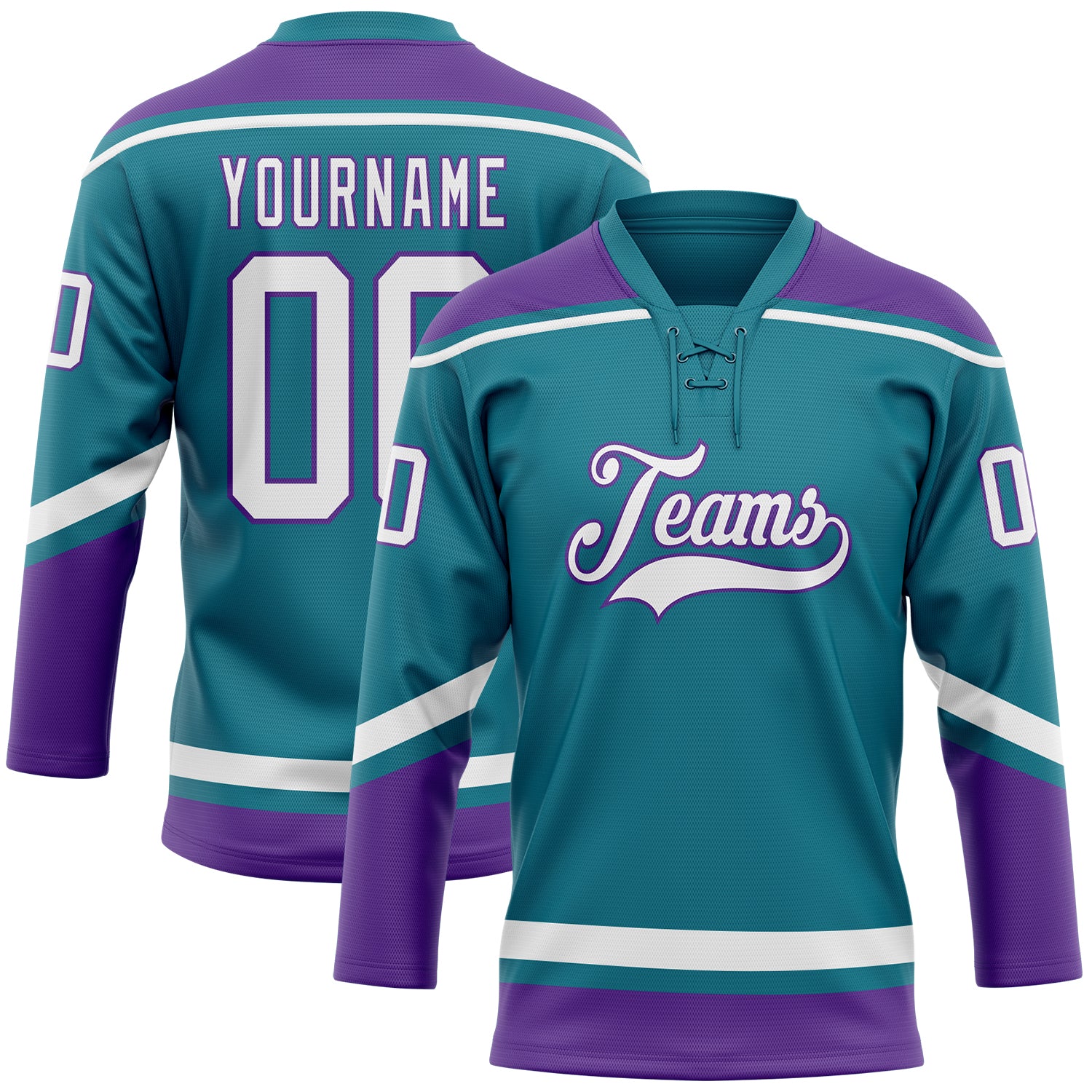 Custom Name and Number Hockey Jersey - Personalized Teal White-Purple Lace Neck Team Gear Personalized Teal White-Purple
