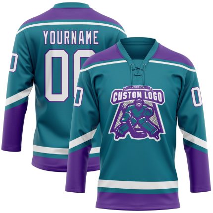 Custom Name and Number Hockey Jersey - Personalized Teal White-Purple Lace Neck Team Gear Personalized Teal White-Purple