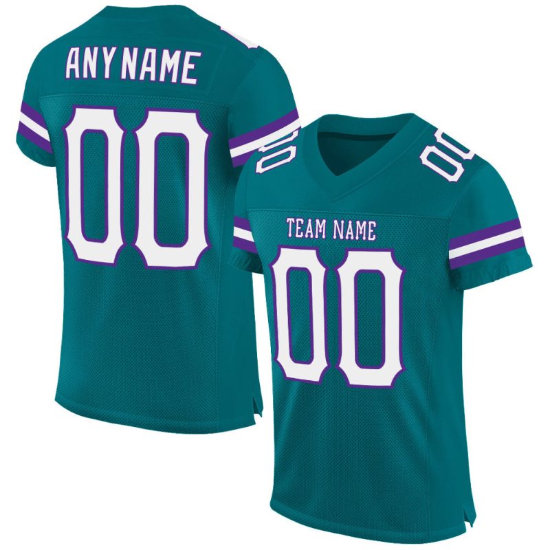 Custom Personalized Football Jersey - Teal White Purple Mesh, Team Name & Number Personalized Teal White-Purple Mesh Authentic