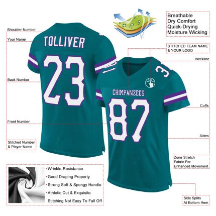 Custom Personalized Football Jersey - Teal White Purple Mesh, Team Name & Number Personalized Teal White-Purple Mesh Authentic
