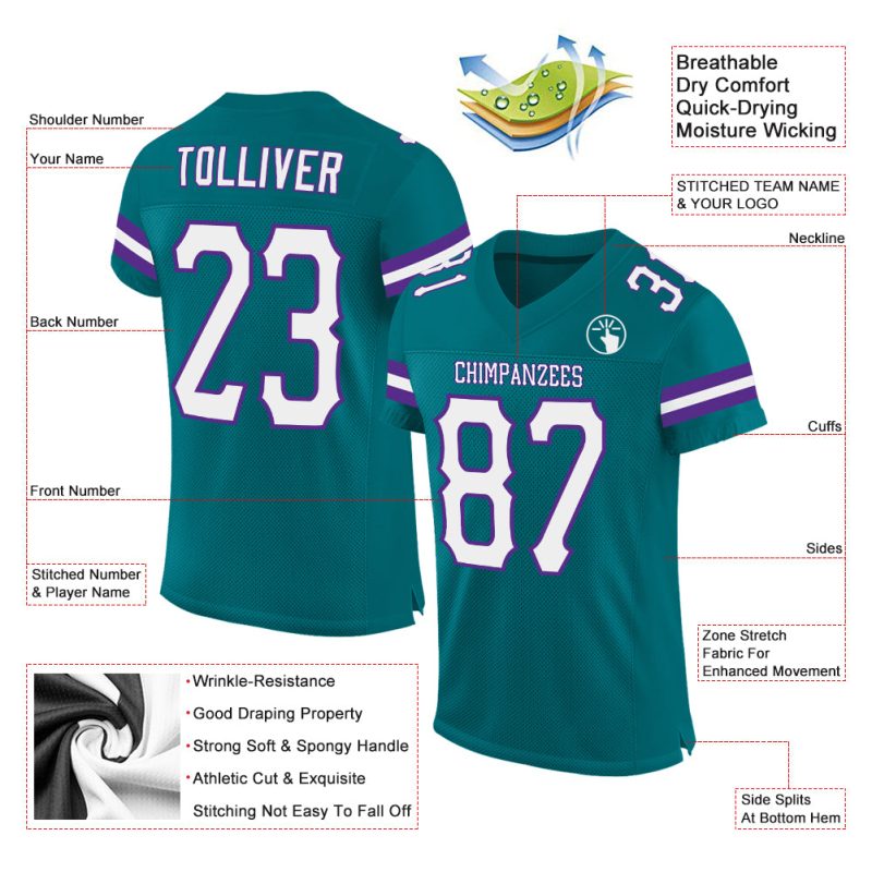 Custom Personalized Football Jersey - Teal White Purple Mesh, Team Name & Number Personalized Teal White-Purple Mesh Authentic