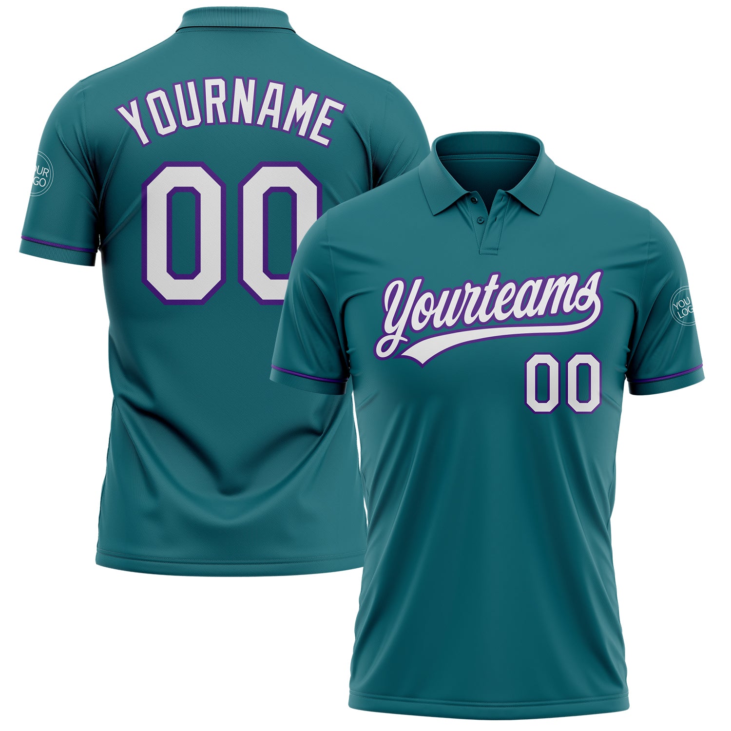 Custom Team Name & Number Golf Polo Shirt - Personalized Teal White-Purple Performance Vapor Personalized Teal White-Purple