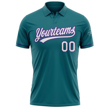 Custom Team Name & Number Golf Polo Shirt - Personalized Teal White-Purple Performance Vapor Personalized Teal White-Purple