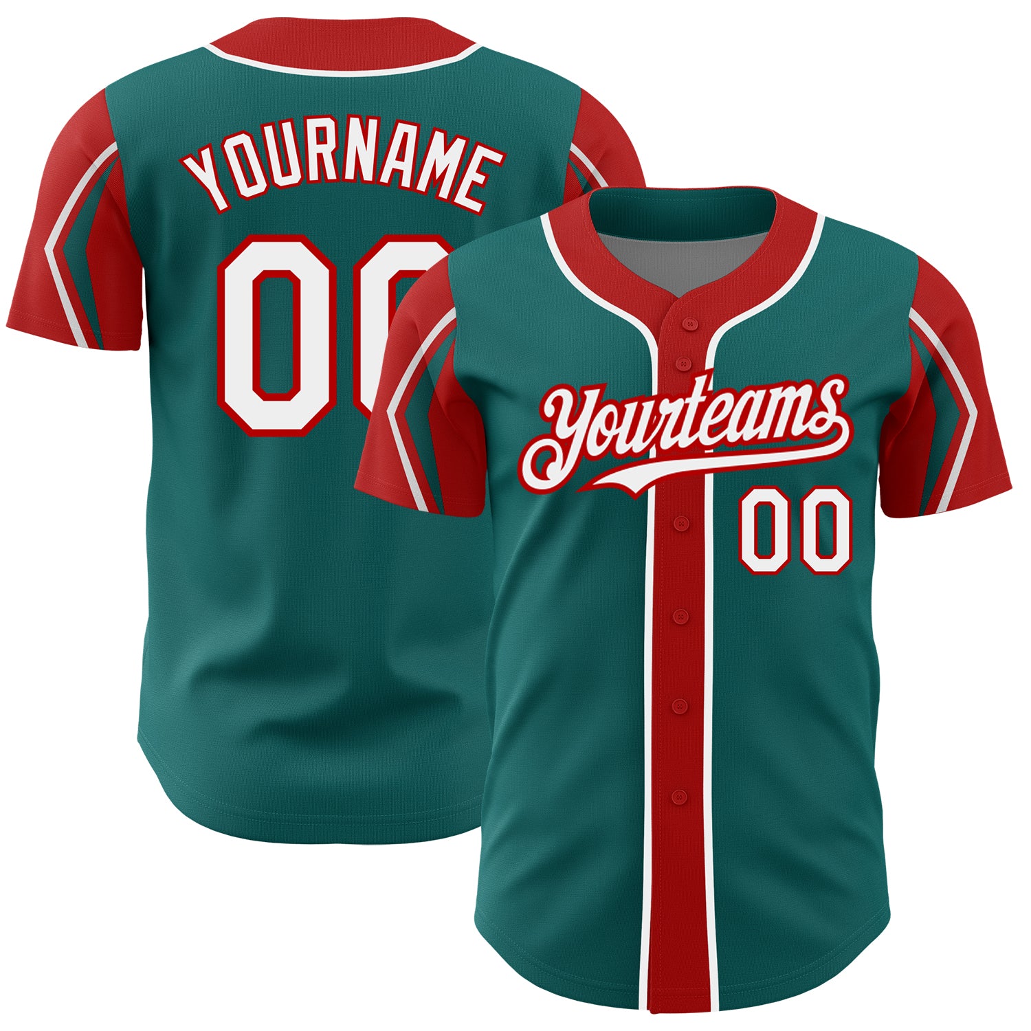 Custom Authentic Baseball Jersey with Personalized Name and Number - Teal White Red 3 Colors Arm Shapes Personalized Teal