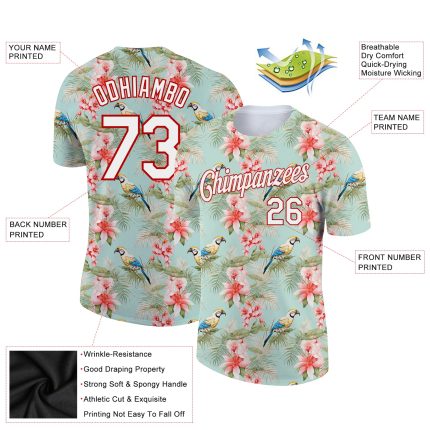Custom Name and Number Tropical Hawaii Flower Shirt with Teal White-Red 3D Pattern Performance T-Shirt Personalized Teal