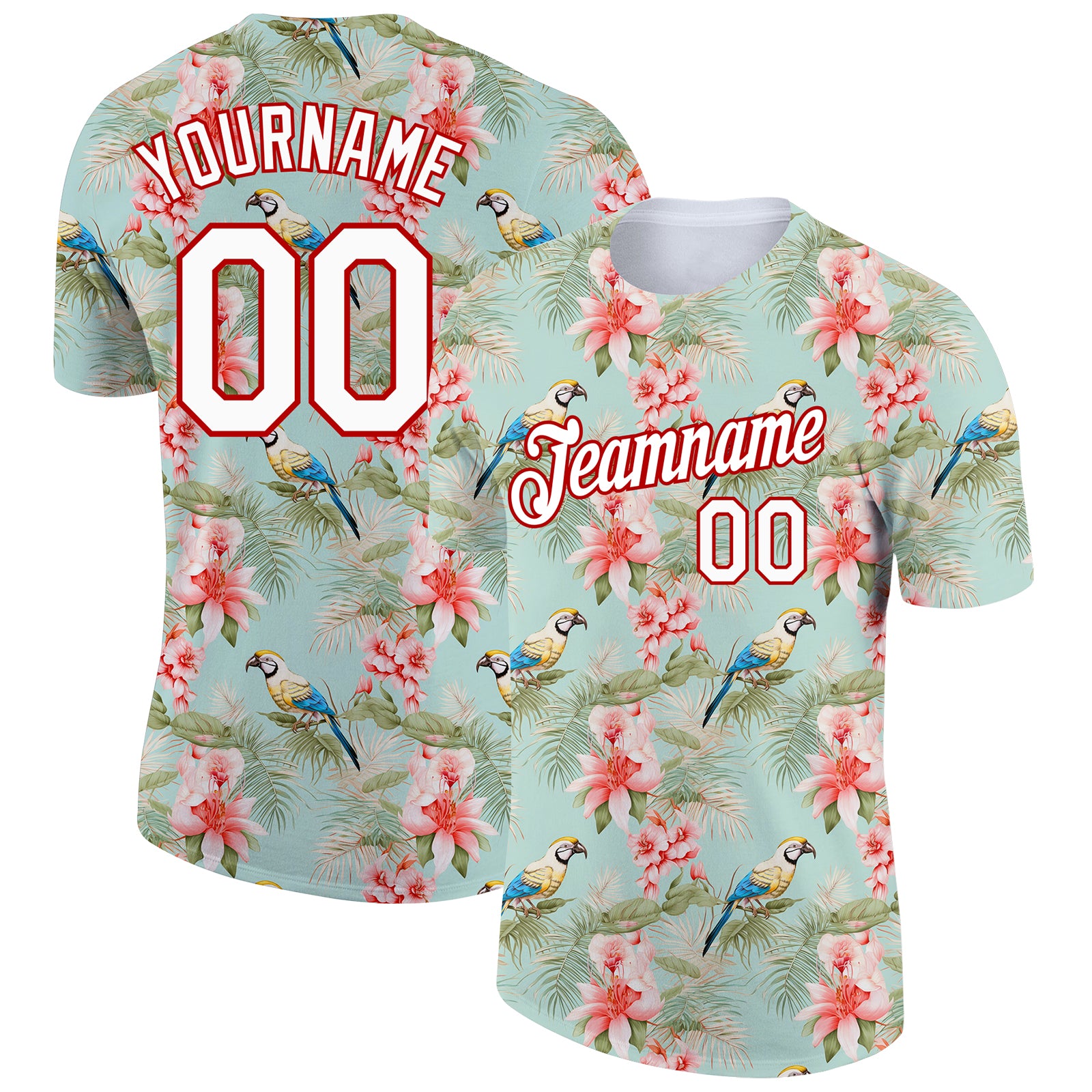 Custom Name and Number Tropical Hawaii Flower Shirt with Teal White-Red 3D Pattern Performance T-Shirt Personalized Teal
