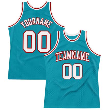 Personalized Teal Red White Basketball Jersey - Authentic Throwback Style Personalized Teal White-Red Authentic Throwback
