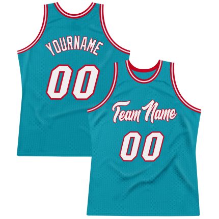 Custom Name and Number Authentic Basketball Jersey - Personalized Teal White Red Throwback Style Personalized Teal White-Red