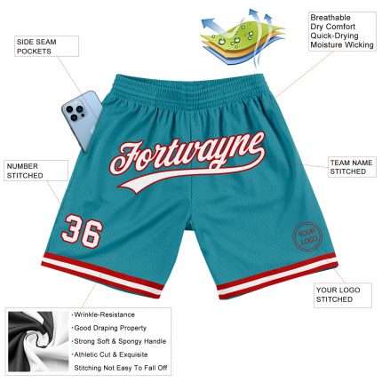 Personalized Teal and Red Throwback Basketball Shorts - Authentic Athletic Gear Personalized Teal White-Red Authentic Throwback