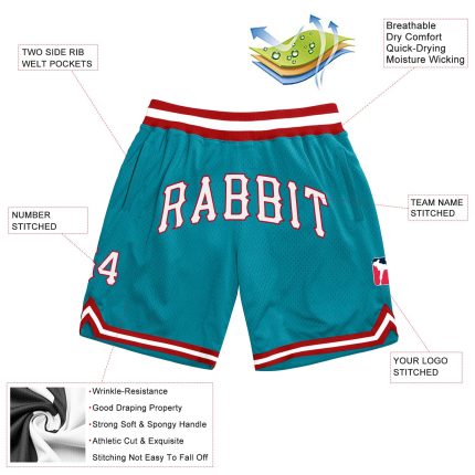 Custom Name and Number Personalized Teal White-Red Basketball Shorts - Authentic Throwback Design Personalized Teal White-Red