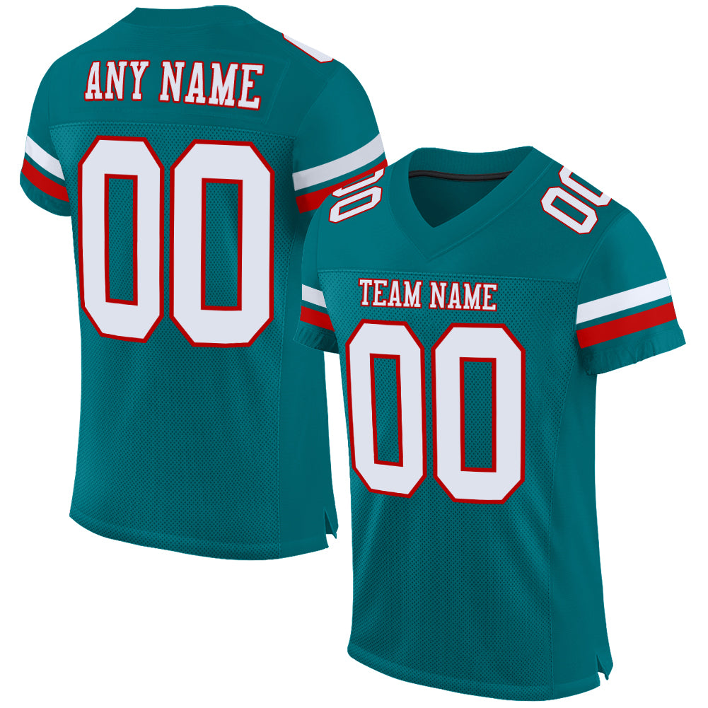 Custom Team Football Jersey with Personalized Name and Number in Teal, White, and Red Mesh Personalized Teal White-Red Mesh