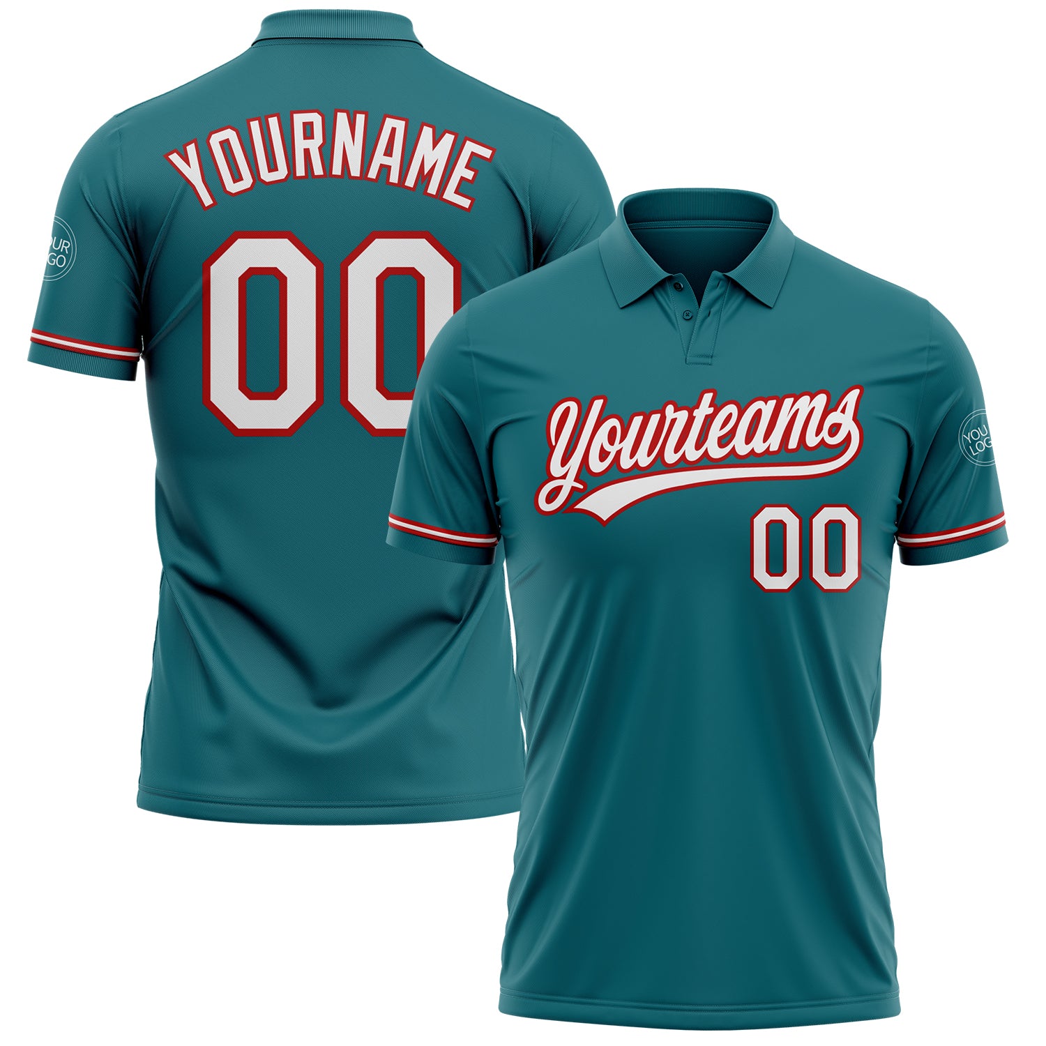 Custom Teal White Red Golf Polo Shirt with Performance Fabric - Personalized Team Name and Number Personalized Teal White-Red
