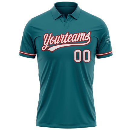 Custom Teal White Red Golf Polo Shirt with Performance Fabric - Personalized Team Name and Number Personalized Teal White-Red