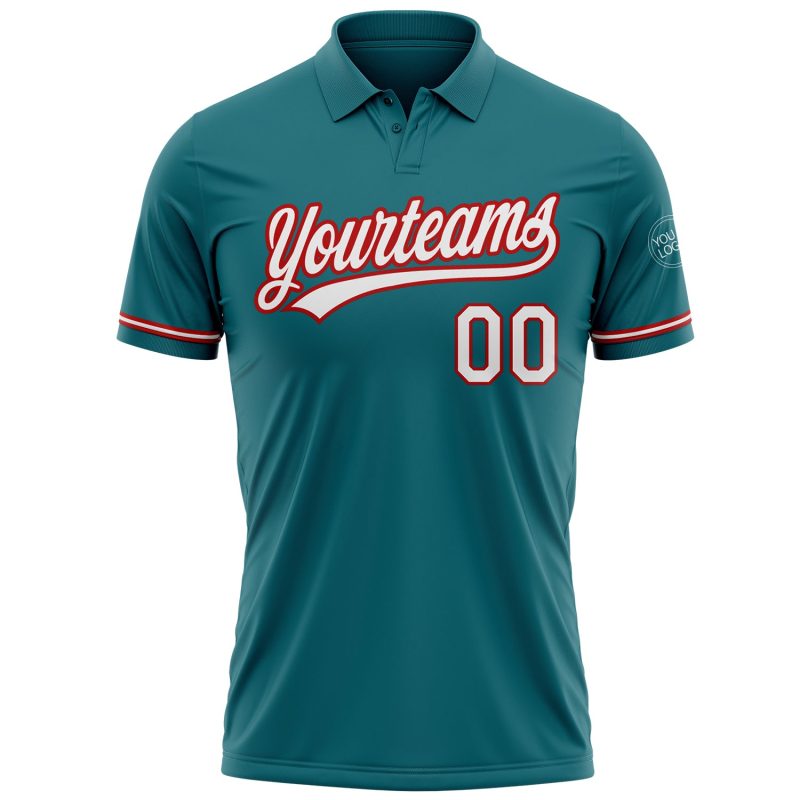 Custom Teal White Red Golf Polo Shirt with Performance Fabric - Personalized Team Name and Number Personalized Teal White-Red