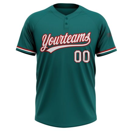 Custom Name and Number Unisex Softball Jersey - Personalized Teal White-Red Two-Button Team Apparel Personalized Teal White-Red