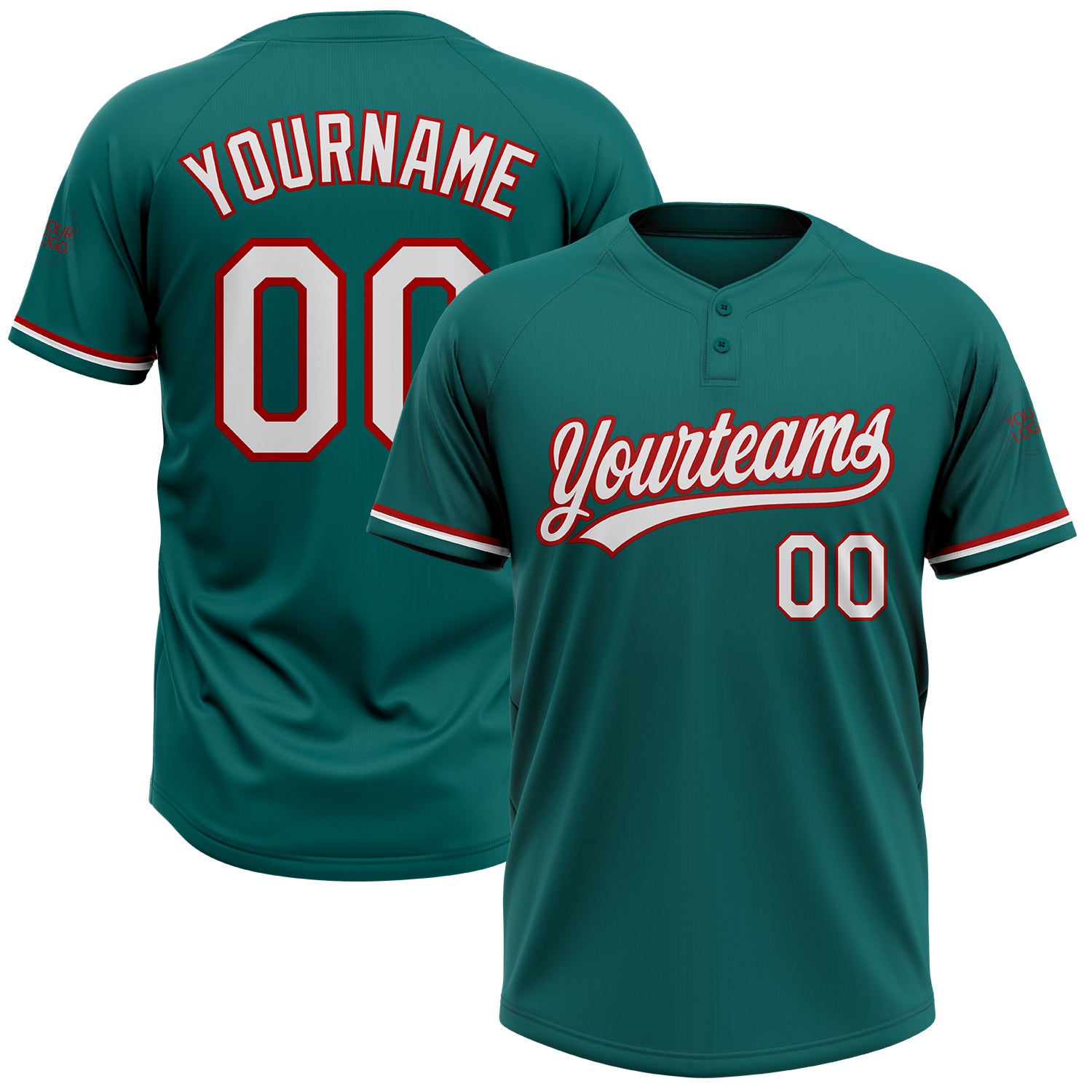 Custom Name and Number Unisex Softball Jersey - Personalized Teal White-Red Two-Button Team Apparel Personalized Teal White-Red