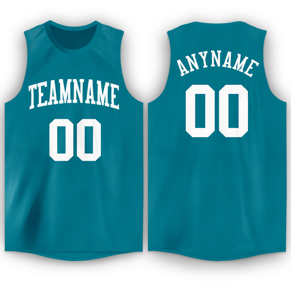 Custom Name and Number Basketball Jersey in Teal and White - Personalized Round Neck Team Apparel Personalized Teal White
