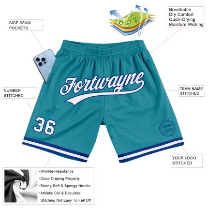 Custom Name Number Authentic Throwback Basketball Shorts Teal White-Royal Personalized Team Gear Personalized Teal White-Royal